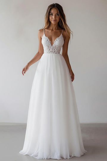 Lace A Line V Neck Long White Wedding Dress